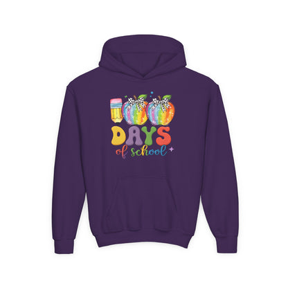 Colorful 100 Days of School Hoodie for Kids, Fun Sweatshirt for Students, Back to School Gift, Rainbow Apple Design, Classroom Purple
