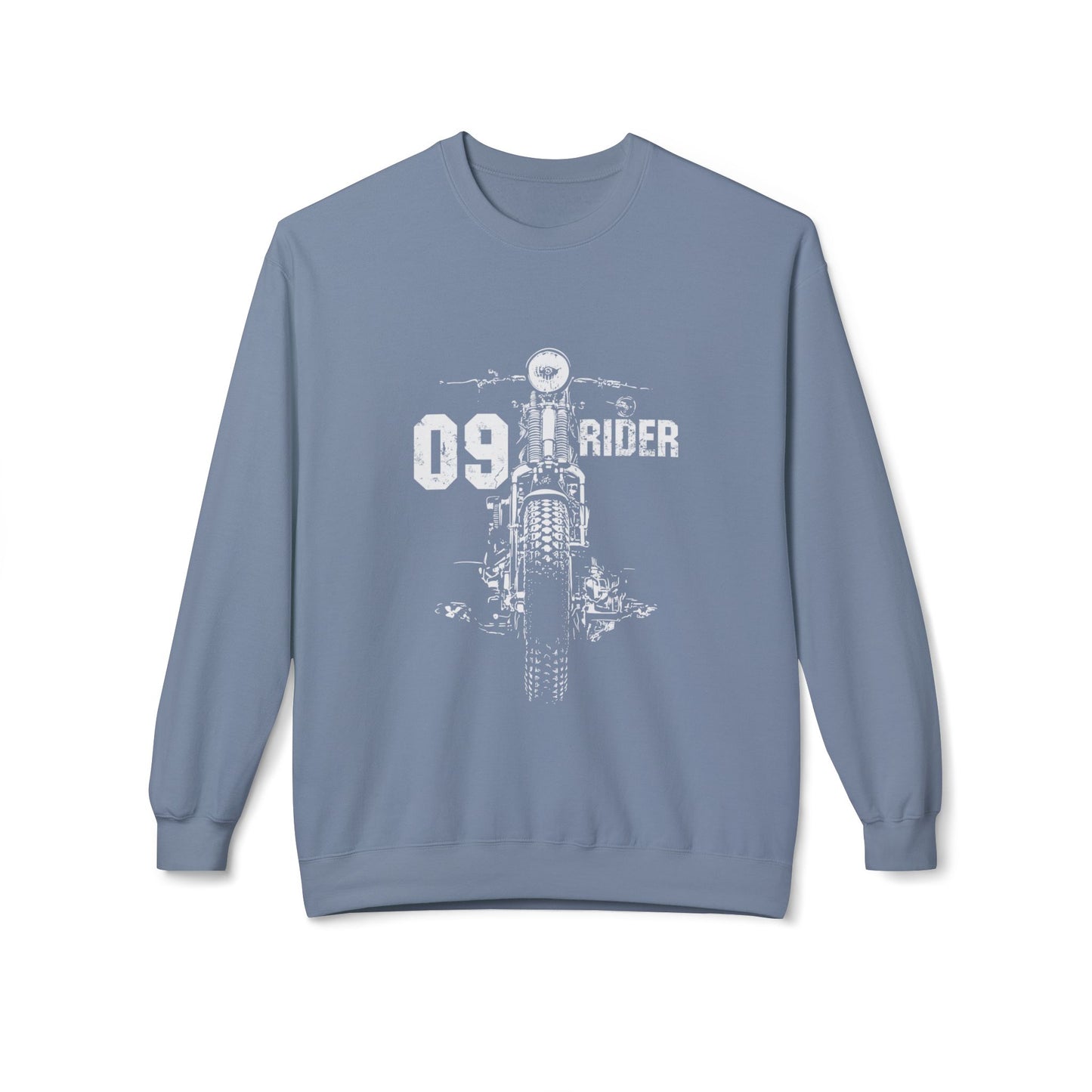 Retro Unisex Fleece Crew Sweatshirt - 09 Rider Design, Cozy Apparel, Gift for Bikers, Streetwear, Festival Wear, Everyday Comfort Stone Blue