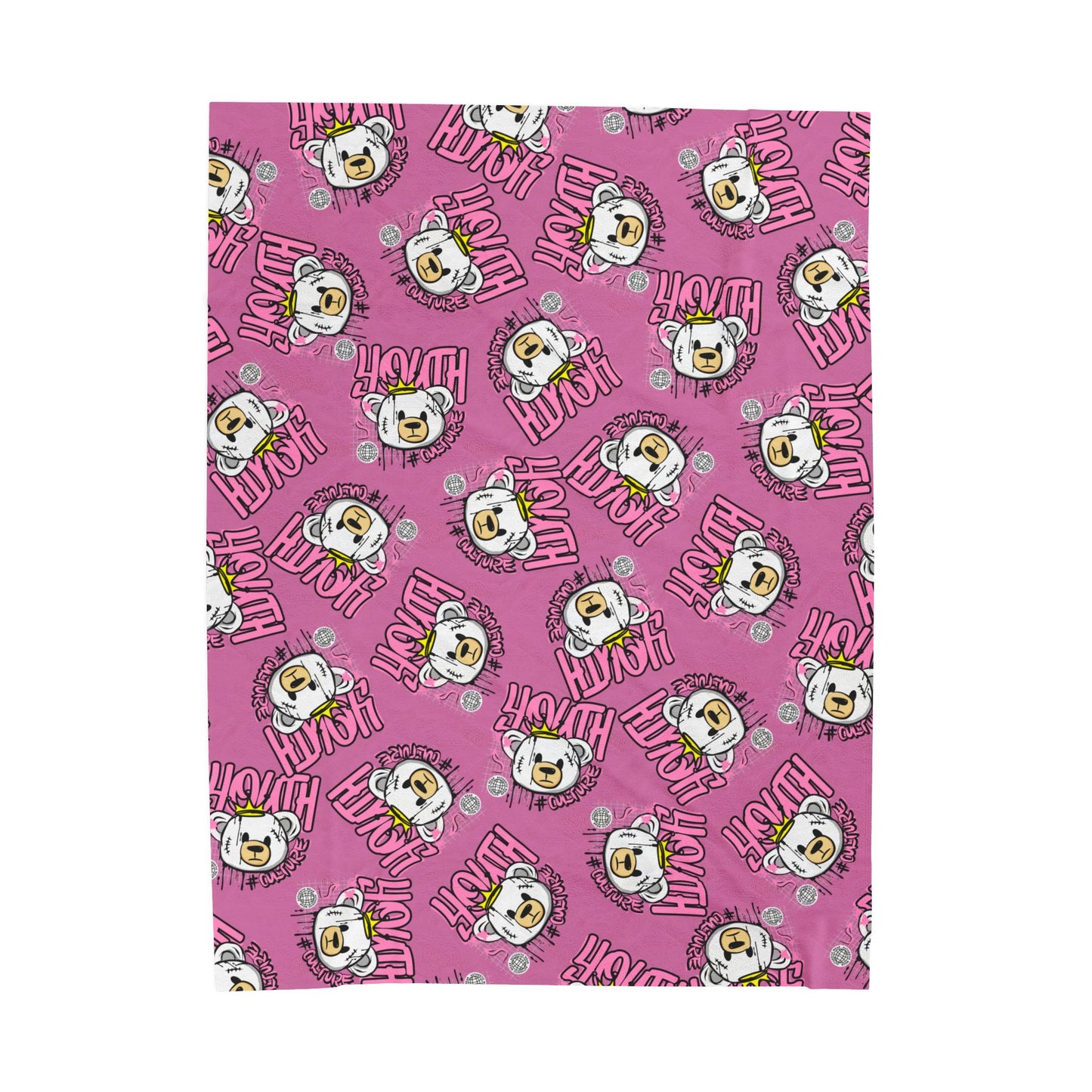 Youth Culture Bear Graphic Velveteen Plush Blanket – Soft Throw for Couch or Bed – Pink Urban Streetwear Home Decor