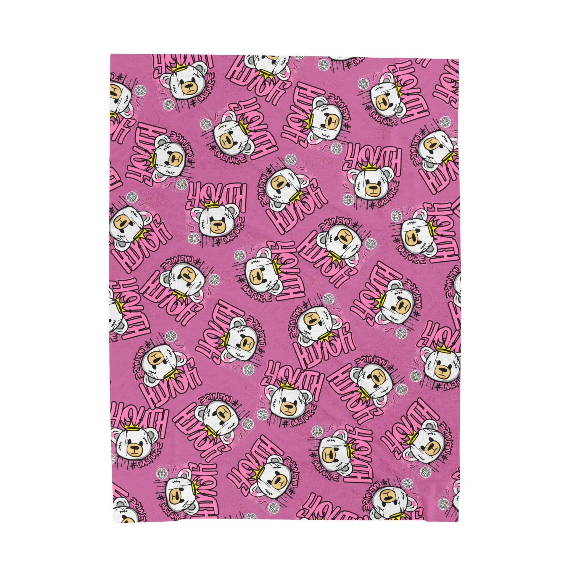 Youth Culture Bear Graphic Velveteen Plush Blanket – Soft Throw for Couch or Bed – Pink Urban Streetwear Home Decor