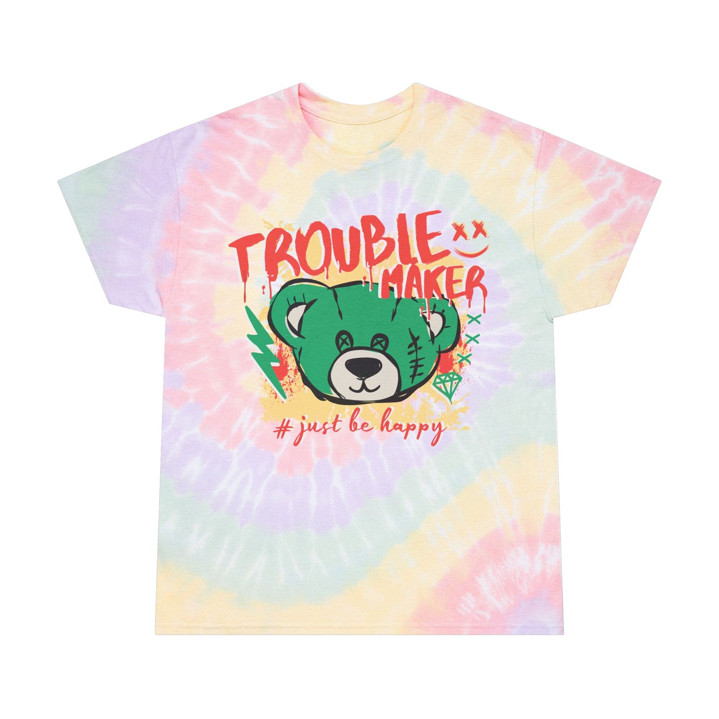 Unisex Oversized "Trouble Maker" Tie Dye T-Shirt – Streetwear Graphic Tee with Green Bear & Positive Quote – Soft Cotton Relaxed Fit