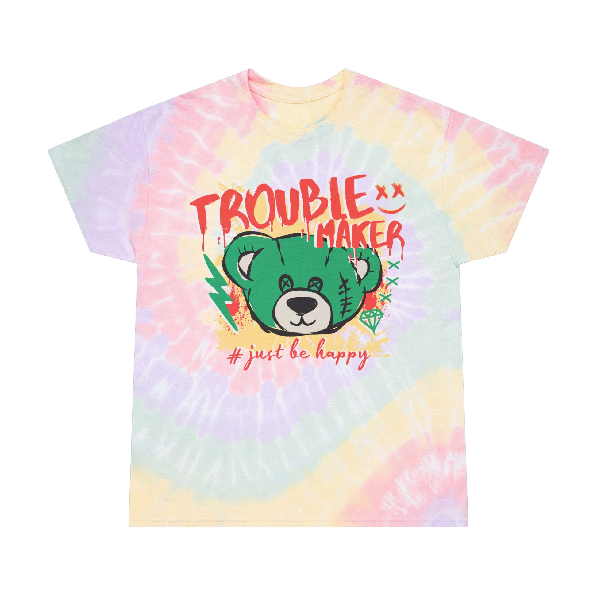 Unisex Oversized "Trouble Maker" Tie Dye T-Shirt – Streetwear Graphic Tee with Green Bear & Positive Quote – Soft Cotton Relaxed Fit