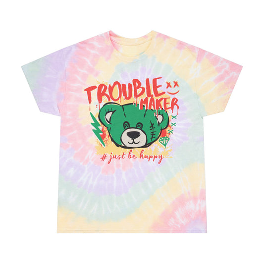 Unisex Oversized "Trouble Maker" Tie Dye T-Shirt – Streetwear Graphic Tee with Green Bear & Positive Quote – Soft Cotton Relaxed Fit
