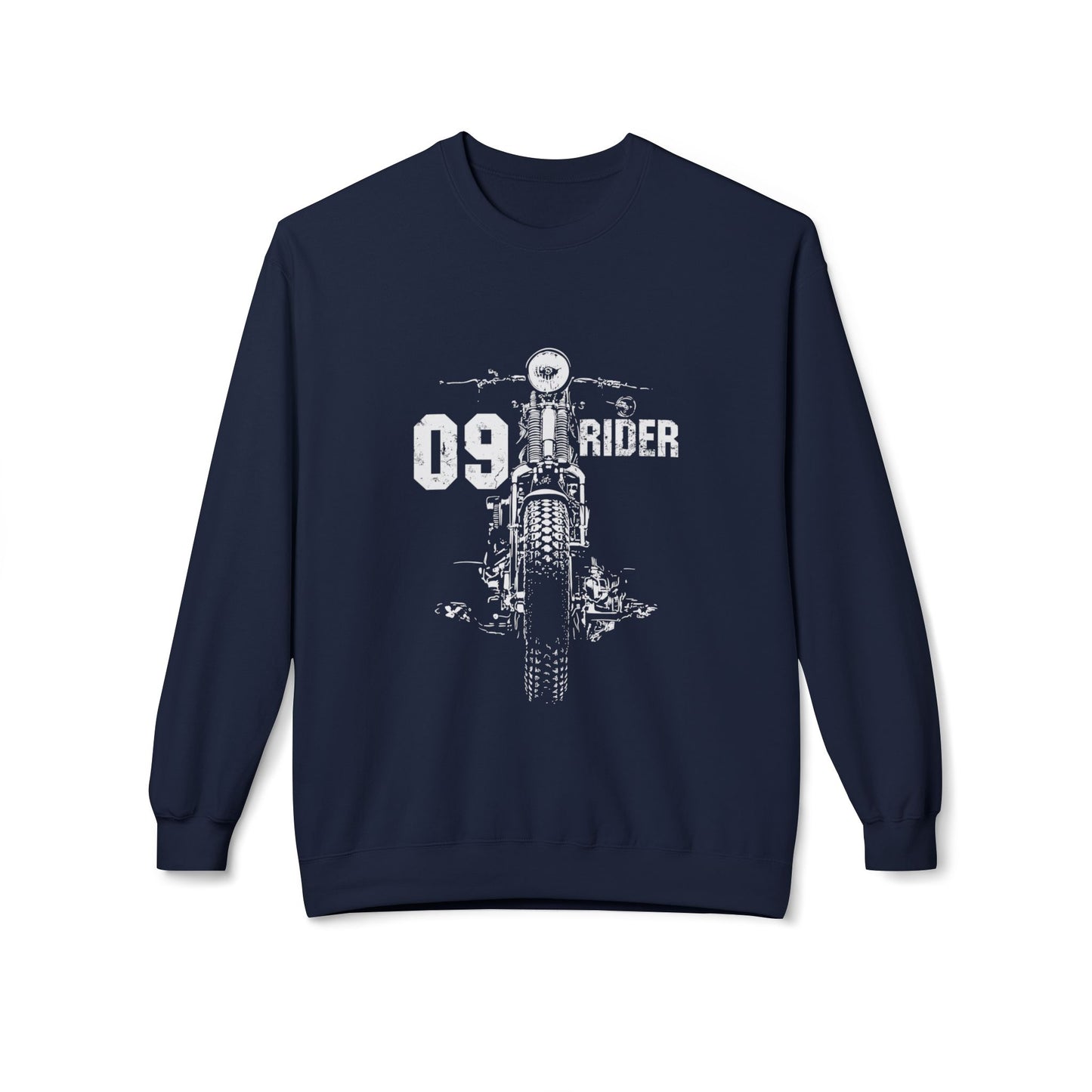 Retro Unisex Fleece Crew Sweatshirt - 09 Rider Design, Cozy Apparel, Gift for Bikers, Streetwear, Festival Wear, Everyday Comfort Navy