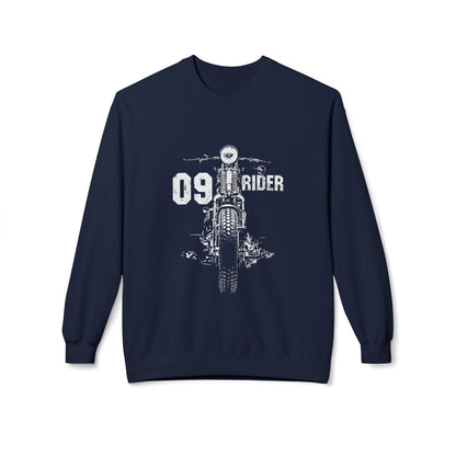 Retro Unisex Fleece Crew Sweatshirt - 09 Rider Design, Cozy Apparel, Gift for Bikers, Streetwear, Festival Wear, Everyday Comfort Navy