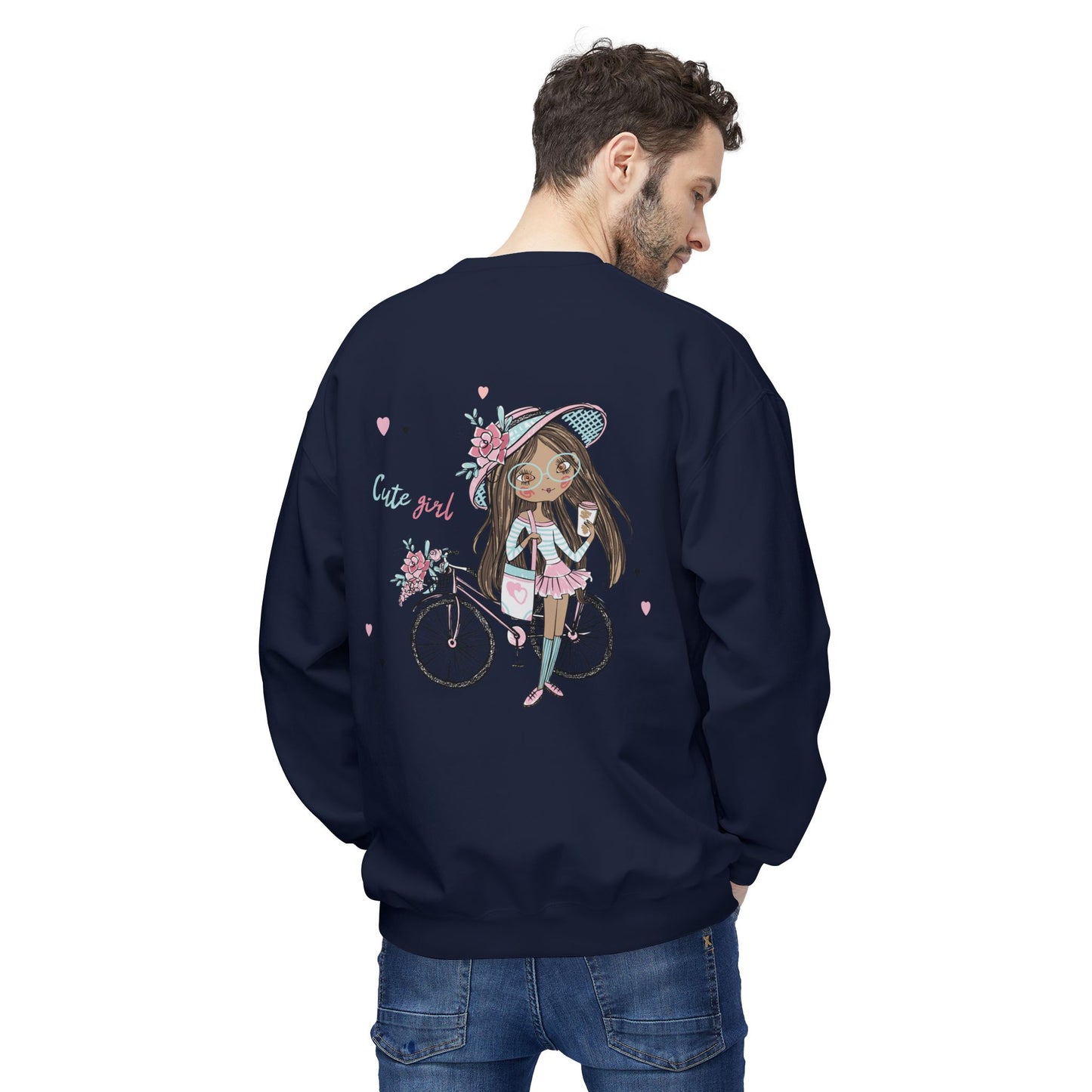 Cute Girl on Bicycle Sweatshirt, Cozy Fleece Crewneck, Spring Fashion, Gift for Her, Casual Sweatshirt, Cartoon Design