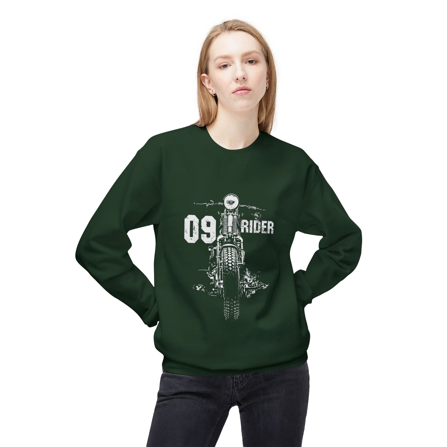 Retro Unisex Fleece Crew Sweatshirt - 09 Rider Design, Cozy Apparel, Gift for Bikers, Streetwear, Festival Wear, Everyday Comfort