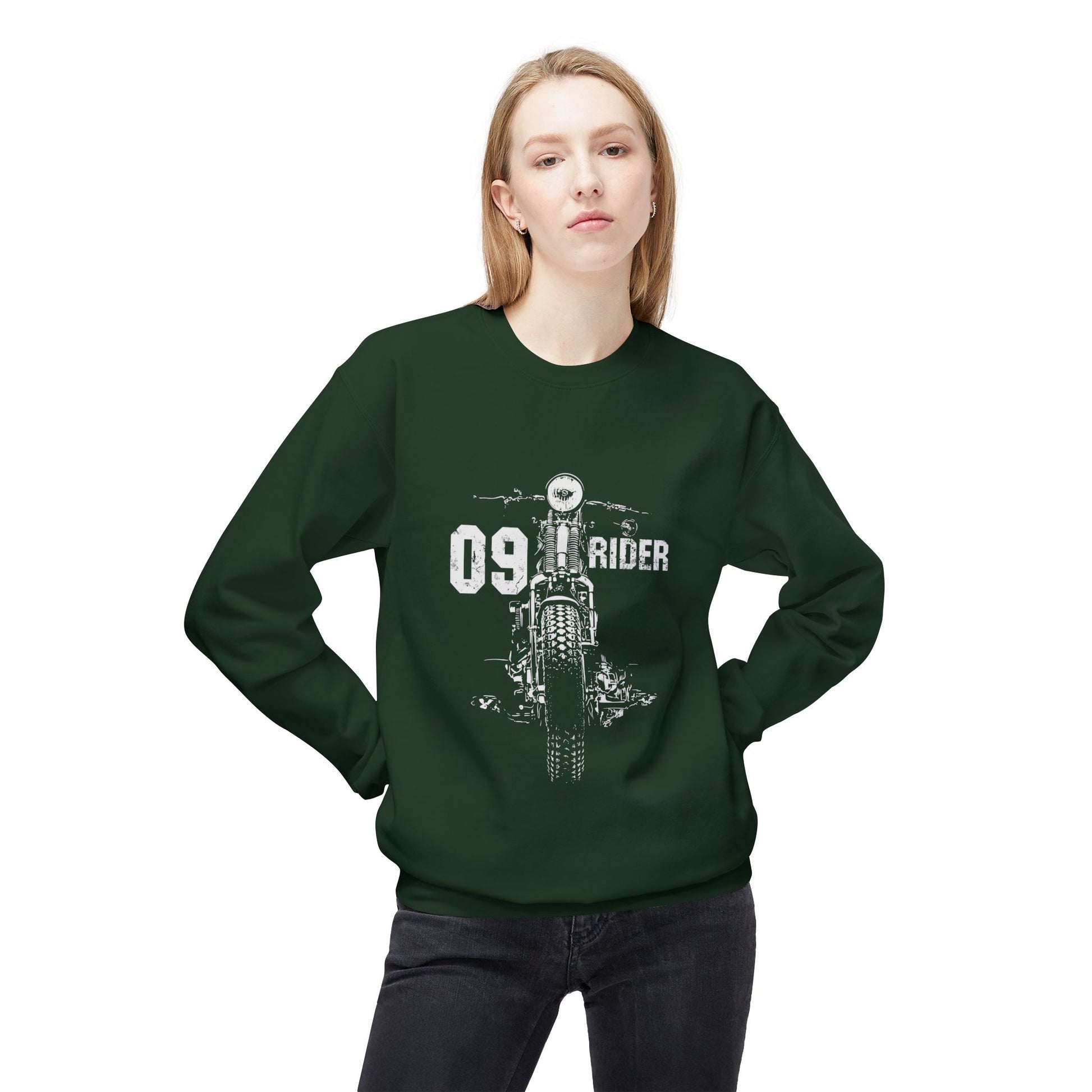 Retro Unisex Fleece Crew Sweatshirt - 09 Rider Design, Cozy Apparel, Gift for Bikers, Streetwear, Festival Wear, Everyday Comfort