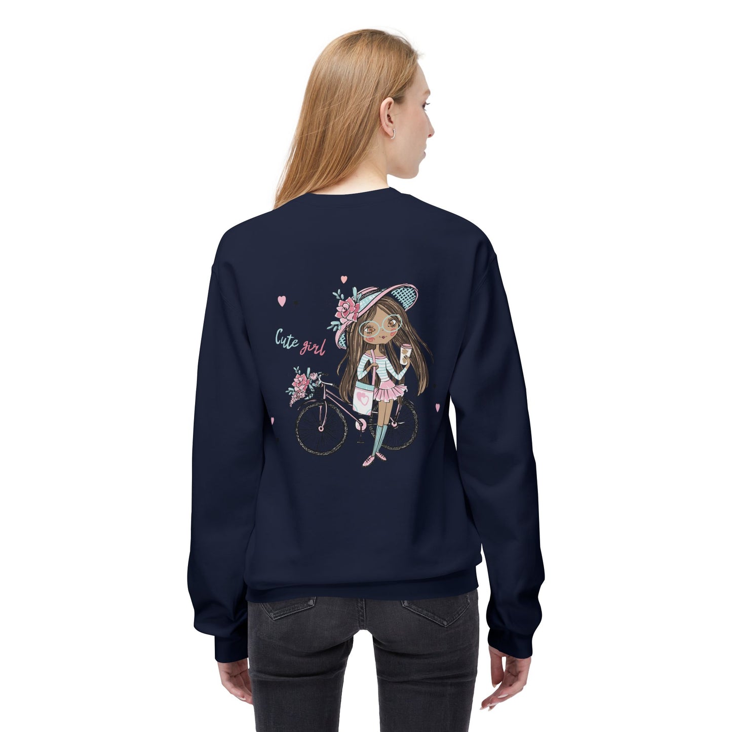 Cute Girl on Bicycle Sweatshirt, Cozy Fleece Crewneck, Spring Fashion, Gift for Her, Casual Sweatshirt, Cartoon Design