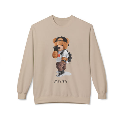 Cute Bear Selfie Sweatshirt, Trendy Gift for Teens, Cozy Fleece Crew, Fashionable Streetwear, Perfect for Casual Days, Instagram Vibes Sand