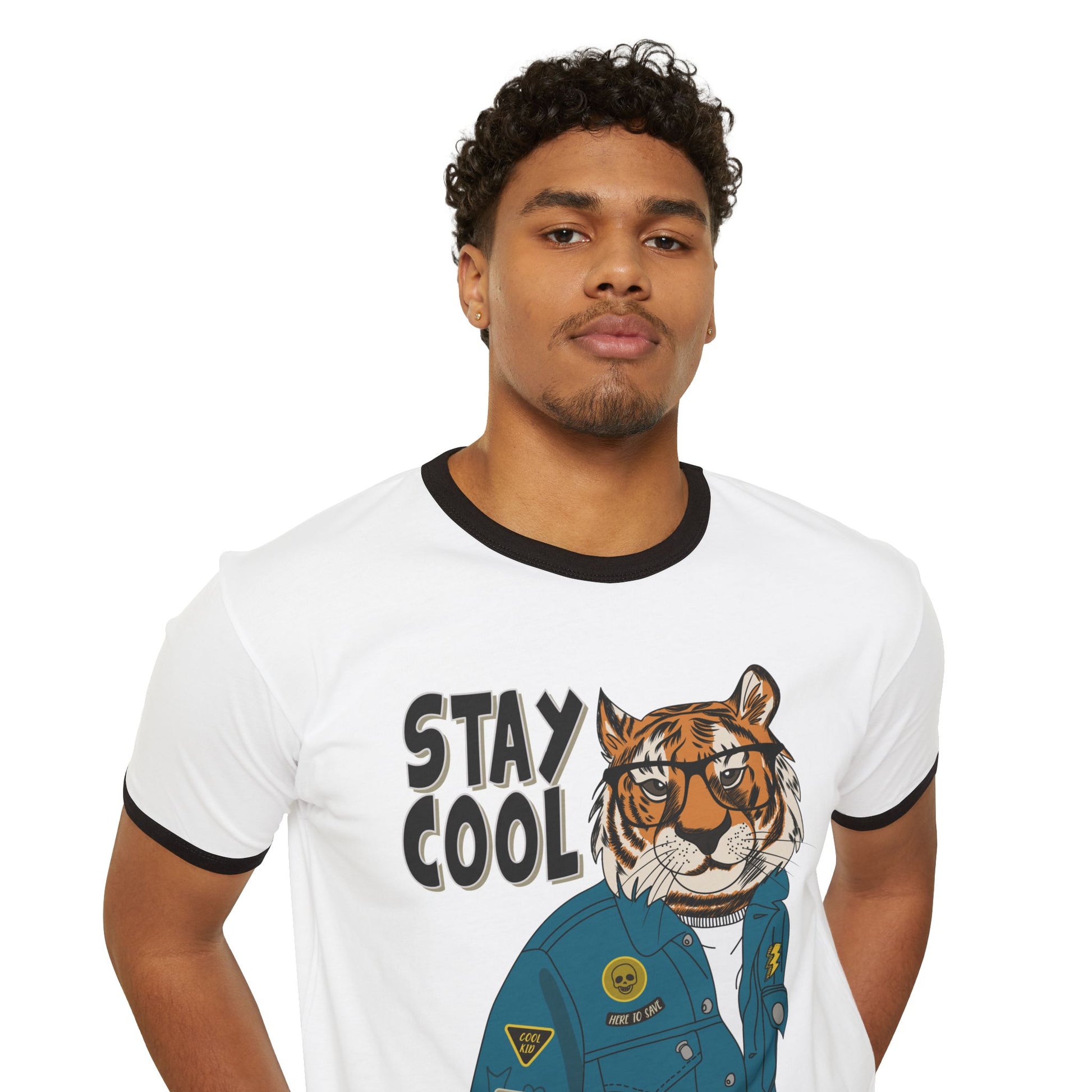 Stay Cool Tiger Ringer T-Shirt, Unisex Vintage Tee, Casual Gift, Animal Lover Apparel, Summer Fashion, Fun Graphic Shirt