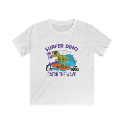 Dino Surf Kids Tee | Cool Summer Shirt, Surfing Dino Graphic, Fun Gift for Kids, Beachwear, Summer Parties, Kids Apparel White