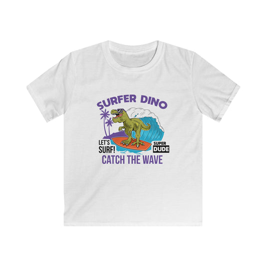 Dino Surf Kids Tee | Cool Summer Shirt, Surfing Dino Graphic, Fun Gift for Kids, Beachwear, Summer Parties, Kids Apparel White