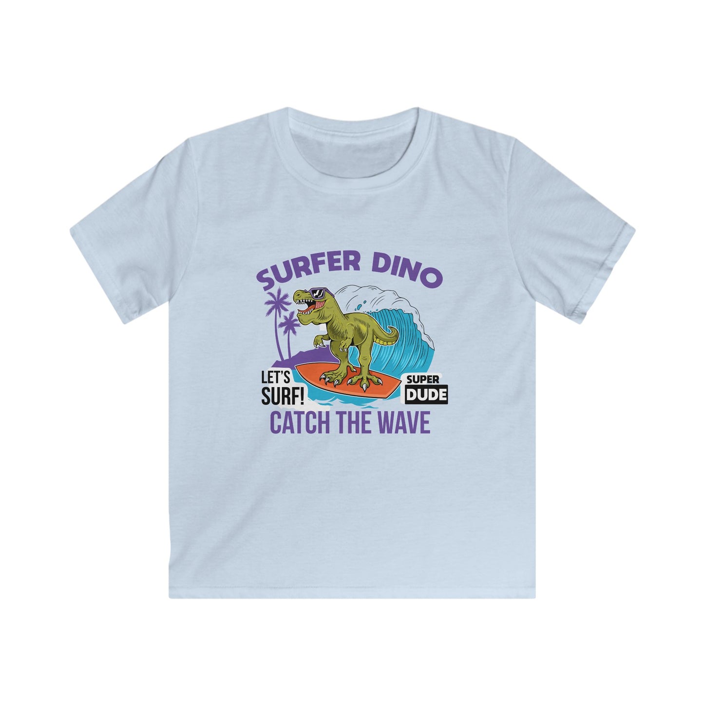 Dino Surf Kids Tee | Cool Summer Shirt, Surfing Dino Graphic, Fun Gift for Kids, Beachwear, Summer Parties, Kids Apparel XL Light Blue