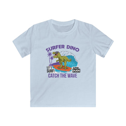 Dino Surf Kids Tee | Cool Summer Shirt, Surfing Dino Graphic, Fun Gift for Kids, Beachwear, Summer Parties, Kids Apparel XL Light Blue