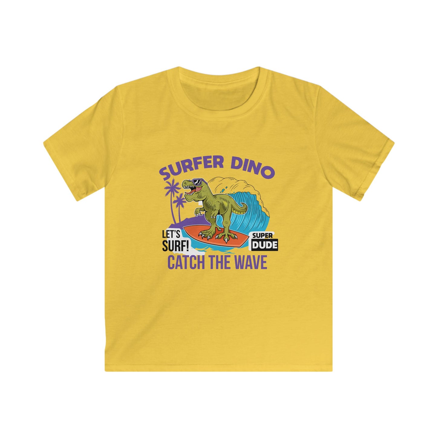 Dino Surf Kids Tee | Cool Summer Shirt, Surfing Dino Graphic, Fun Gift for Kids, Beachwear, Summer Parties, Kids Apparel Daisy