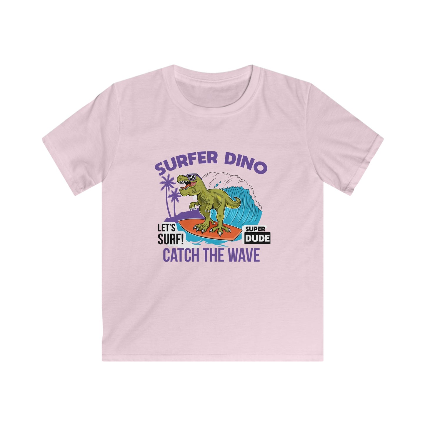 Dino Surf Kids Tee | Cool Summer Shirt, Surfing Dino Graphic, Fun Gift for Kids, Beachwear, Summer Parties, Kids Apparel Light Pink