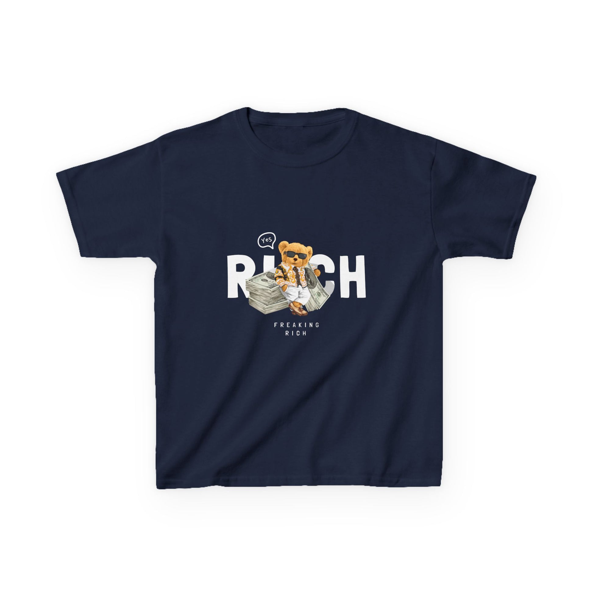 Kids Graphic Tee featuring Cute Rich Cat Design, Fun Gift for Kids, Birthday Present, Cotton T-Shirt for Casual Wear, Animal Lover Apparel Navy