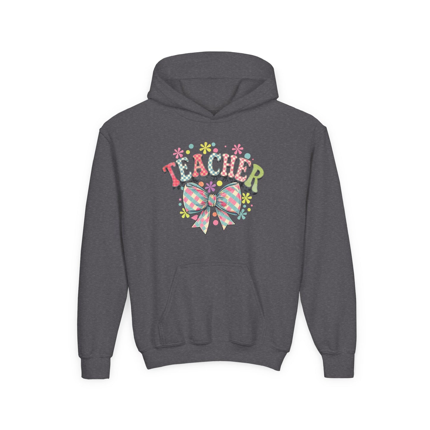 Teacher Hoodie with Colorful Floral Bow Design, Ideal Gift for Educators, School Spirit Wear, Teacher Appreciation, Back to School Dark Heather