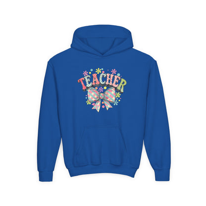 Teacher Hoodie with Colorful Floral Bow Design, Ideal Gift for Educators, School Spirit Wear, Teacher Appreciation, Back to School Royal