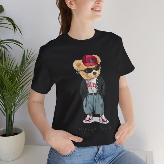 Cool Hip-Hop Bear T-Shirt with Vintage Vibe, Unisex Casual Tee, Gift for Streetwear Lovers, Trendy Music Gear, Urban Style Apparel Black