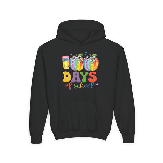 Colorful 100 Days of School Hoodie for Kids, Fun Sweatshirt for Students, Back to School Gift, Rainbow Apple Design, Classroom Black