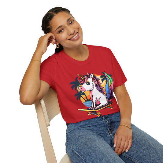 Skateboarding Unicorn T-Shirt, Cute Graphic Tee for Teens, Fun Summer Wear, Gifts for Unicorn Lovers, Beach Day Outfit Red