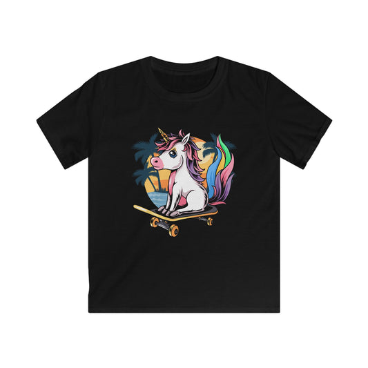Kids Skateboard Unicorn Tee, Summer Vibe Kids T-Shirt, Cute Tee for Boys and Girls, Fun Gift for Birthdays, Unicorn Party Wear Black