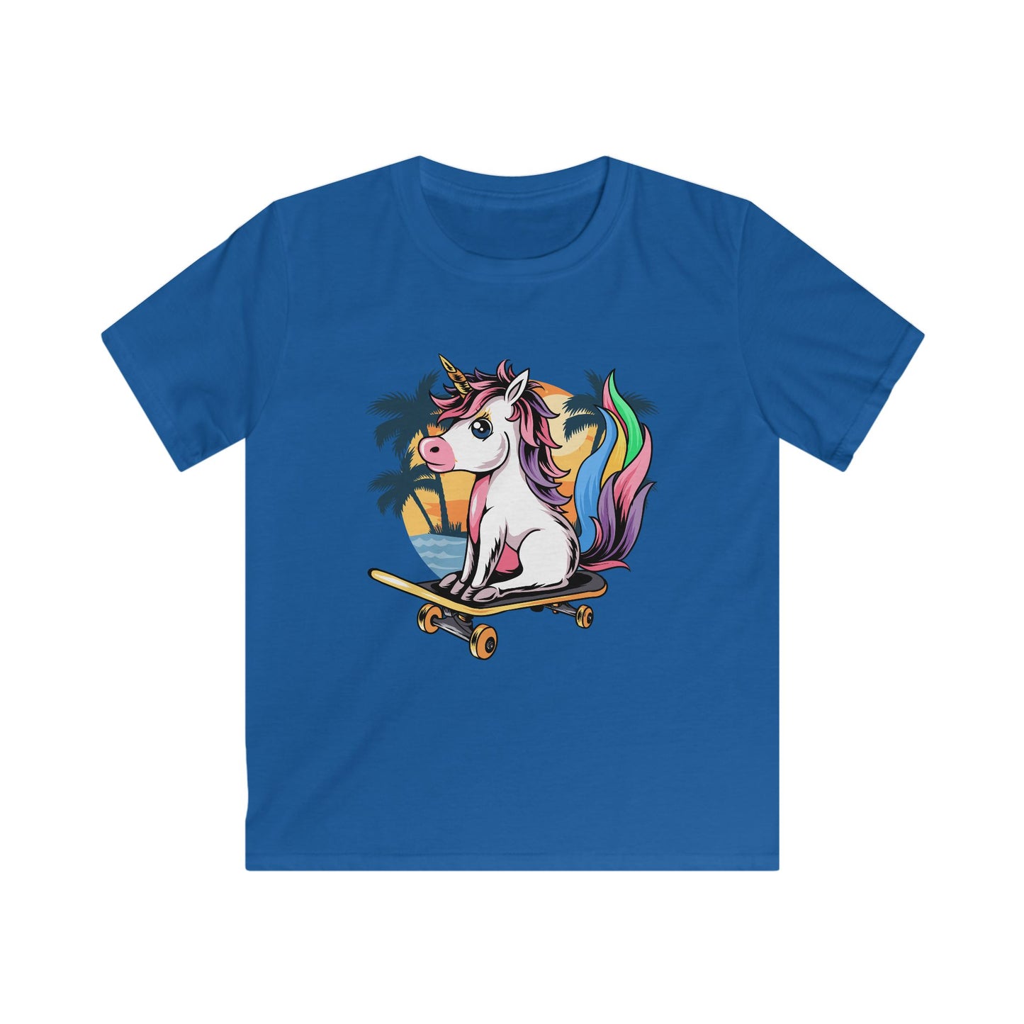 Kids Skateboard Unicorn Tee, Summer Vibe Kids T-Shirt, Cute Tee for Boys and Girls, Fun Gift for Birthdays, Unicorn Party Wear Royal
