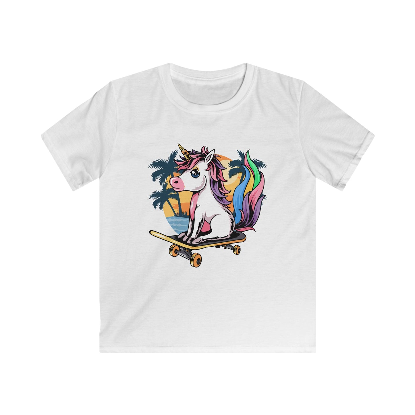 Kids Skateboard Unicorn Tee, Summer Vibe Kids T-Shirt, Cute Tee for Boys and Girls, Fun Gift for Birthdays, Unicorn Party Wear White
