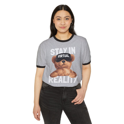 Unisex Virtual Reality Ringer T-Shirt - Stay in Reality, Cute Bear Graphic Tee for Casual Wear, Perfect Gift for Gamers, Birthday