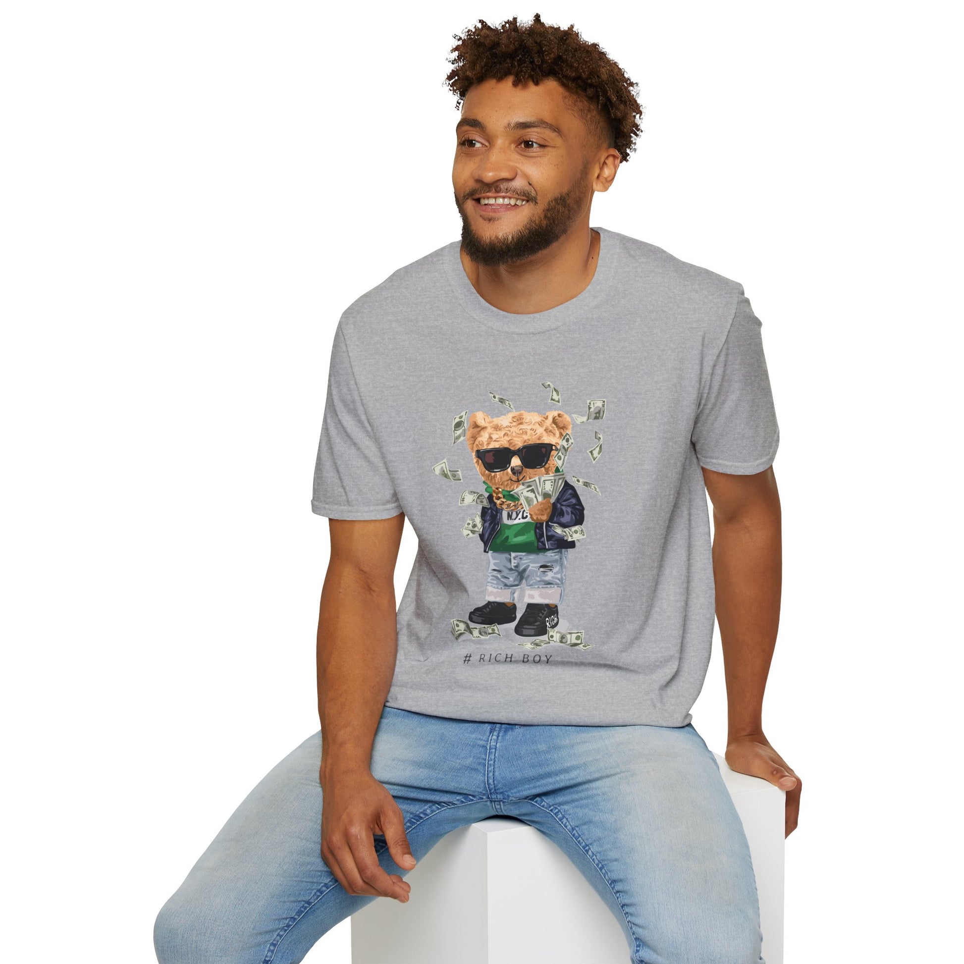 Rich Boy Graphic T-Shirt | Unisex Softstyle Tee | Cute Bear Design | Casual Wear | Gift for Kids | Birthday & Holiday