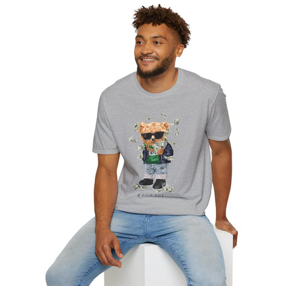 Rich Boy Graphic T-Shirt | Unisex Softstyle Tee | Cute Bear Design | Casual Wear | Gift for Kids | Birthday & Holiday