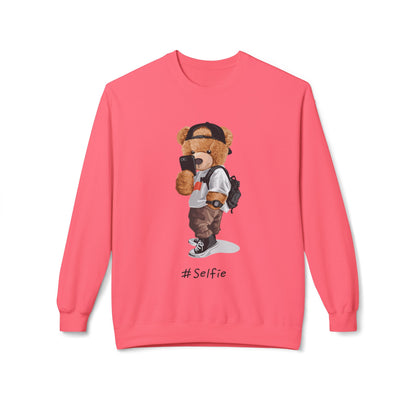 Cute Bear Selfie Sweatshirt, Trendy Gift for Teens, Cozy Fleece Crew, Fashionable Streetwear, Perfect for Casual Days, Instagram Vibes Pink Lemonade