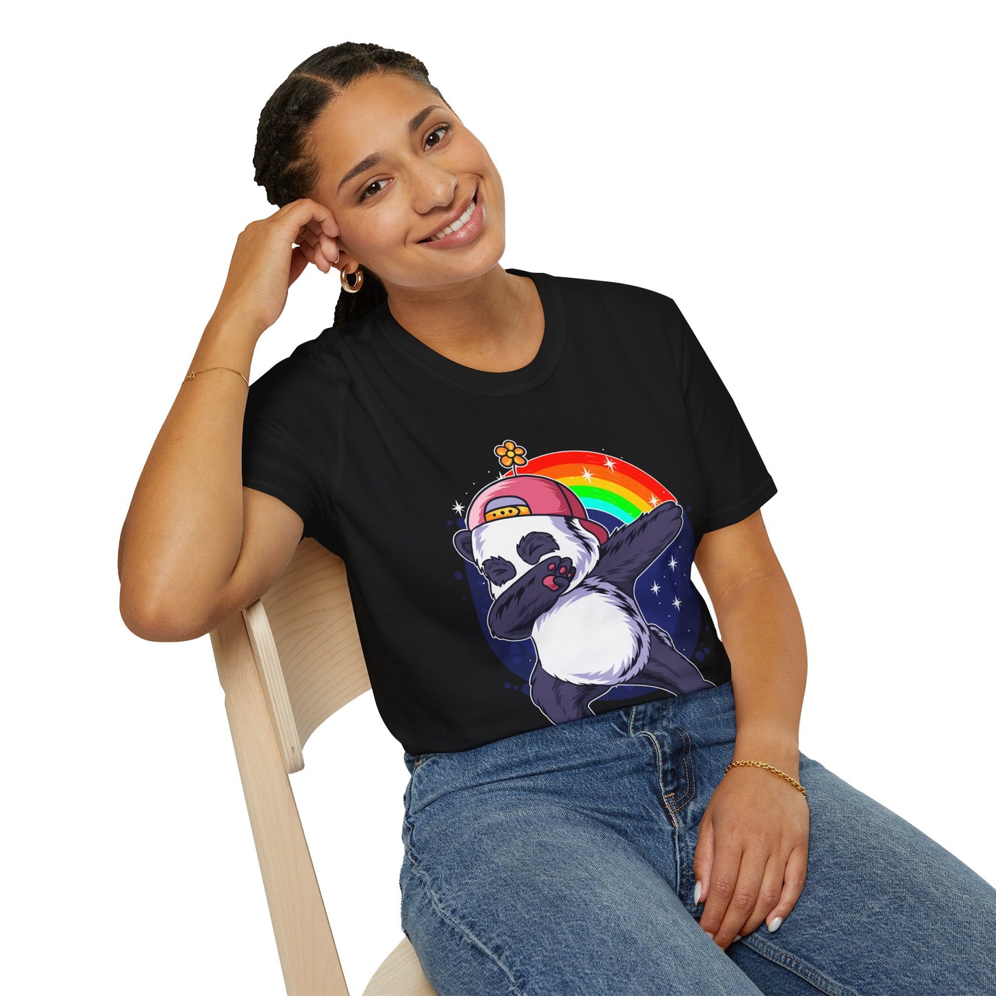 Rainbow Panda Unisex Softstyle T-Shirt, Cute Panda Tee, Gift for Animal Lovers, Fun Casual Wear, Birthday Present, Streetwear Fashion