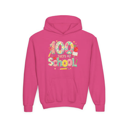 100 Days of School Youth Hoodie, Colorful School Spirit Sweatshirt, Kids Celebration Hoodie, Perfect for School Events, Fun Memory Gear Heliconia