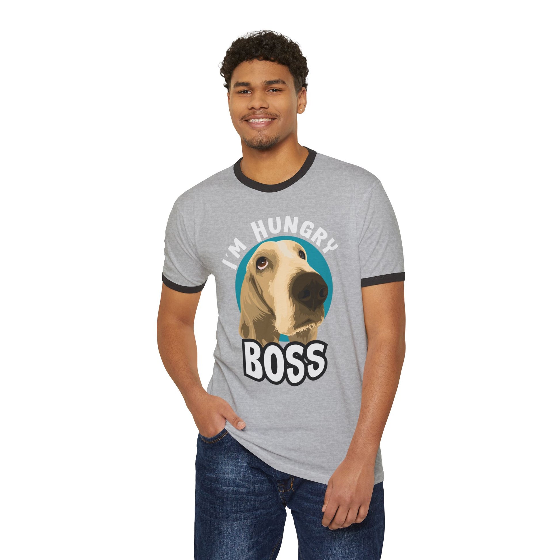 Hungry Boss Dog Ringer T-Shirt, Funny Pet Tee, Unisex Graphic Shirt, Cute Dog Lover Gift, Casual Humor Apparel