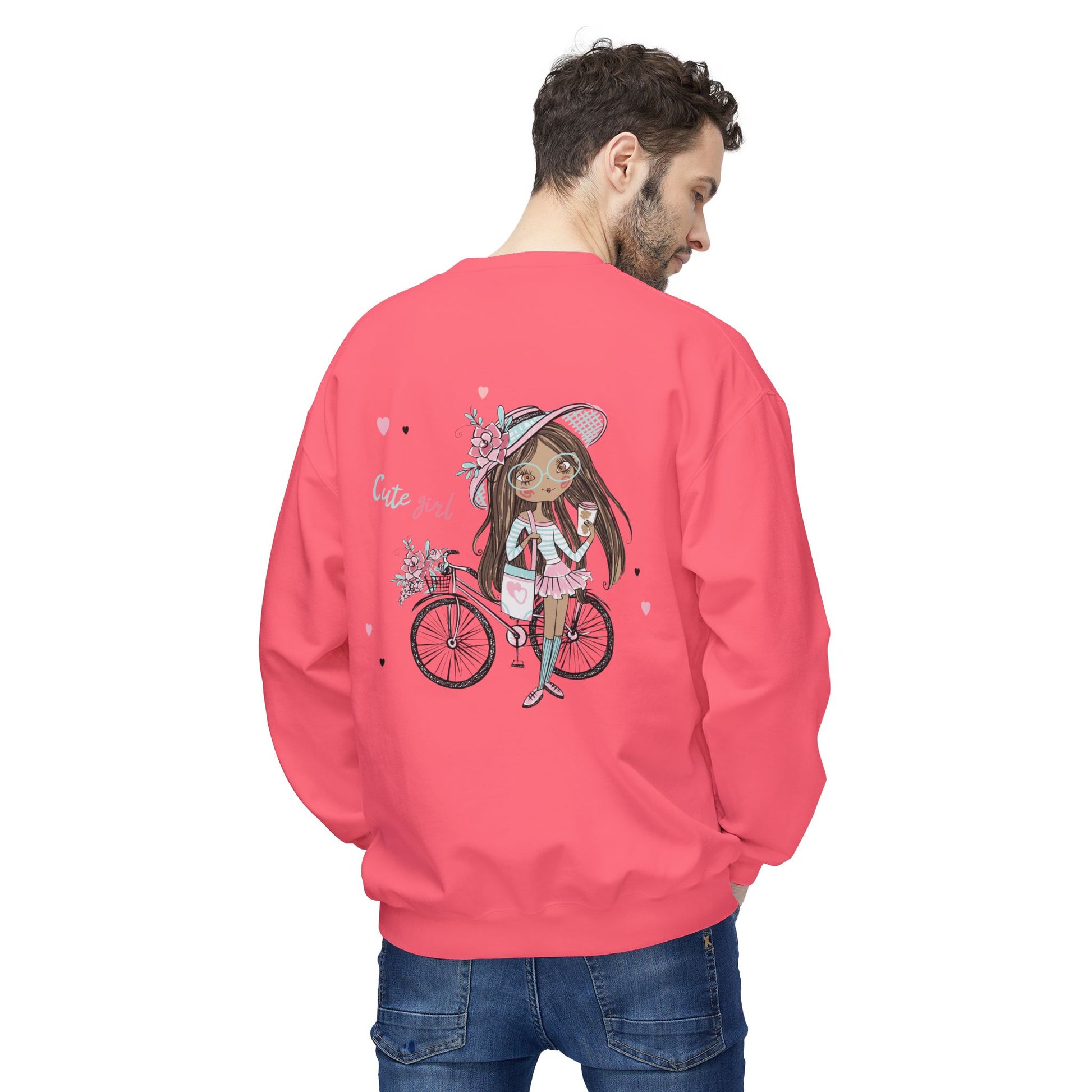 Cute Girl on Bicycle Sweatshirt, Cozy Fleece Crewneck, Spring Fashion, Gift for Her, Casual Sweatshirt, Cartoon Design