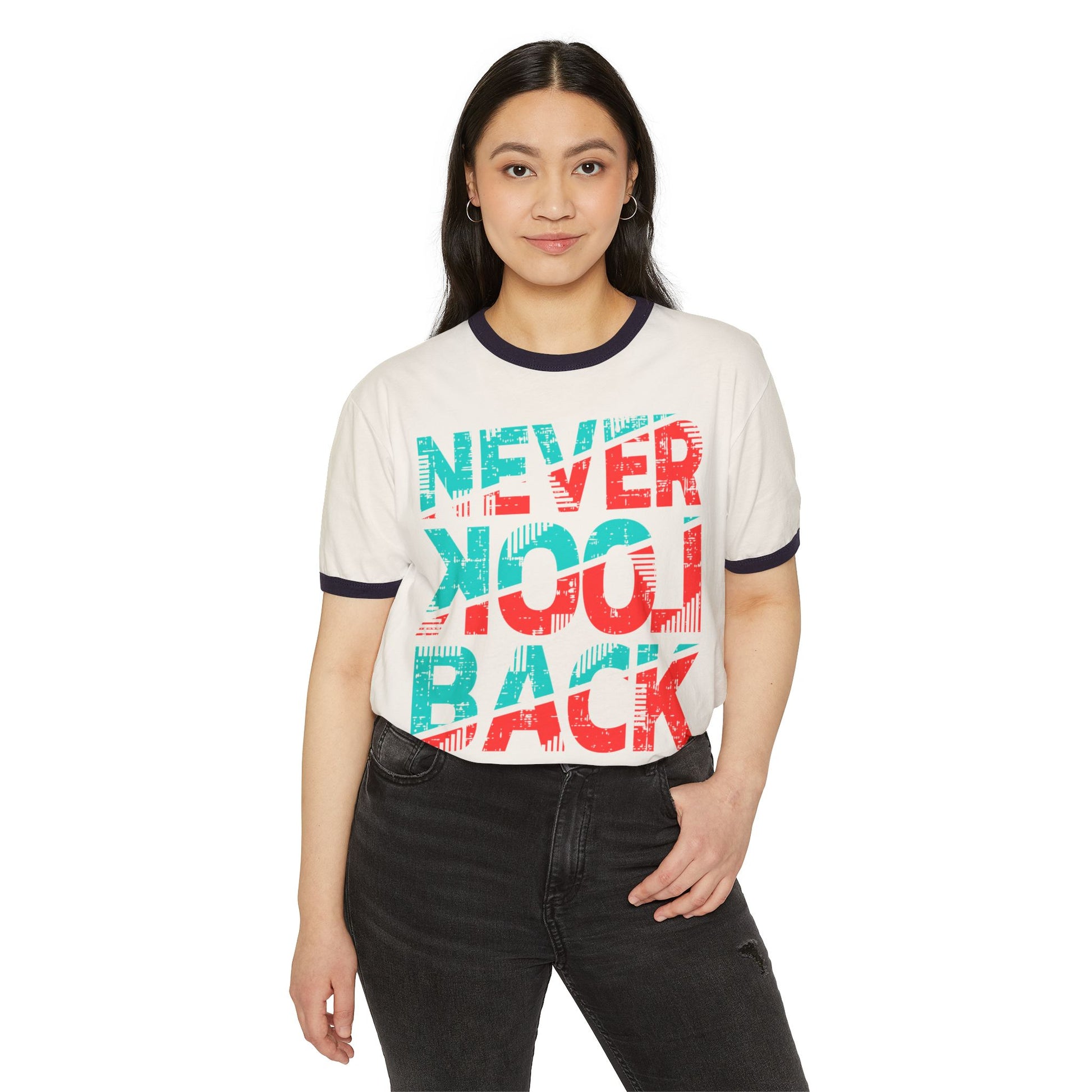 Retro Ringer T-Shirt - 'Never Look Back' Statement Tee, Casual Wear, Vintage Style, Gift for Friends, Motivational Shirt