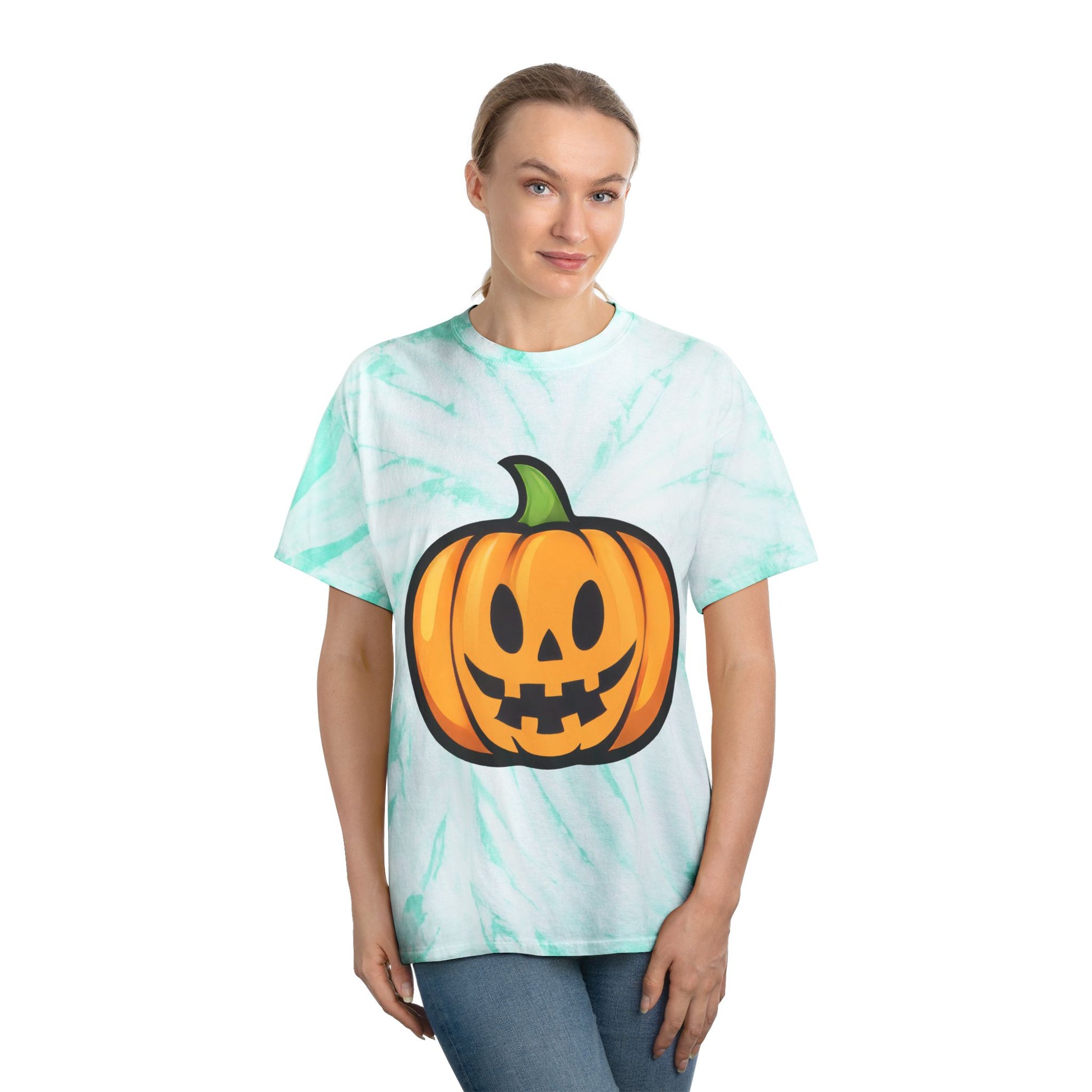 Halloween Tie-Dye Tee with Pumpkin Design, Unisex T-Shirt, Vibrant Graphic Tee, Fall Apparel, Spooky Season Shirt - Cozy Kawaii LLC