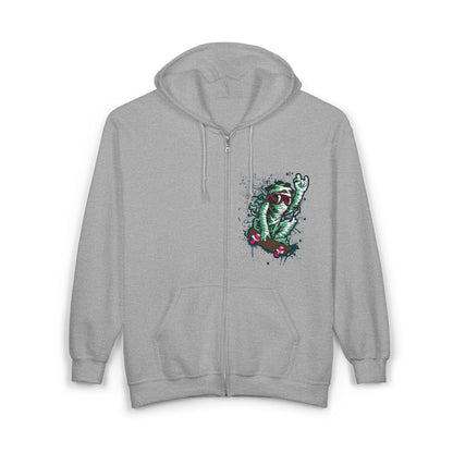Skateboarding Mummy Zip-Up Hoodie | Soft Fleece Graphic Sweatshirt