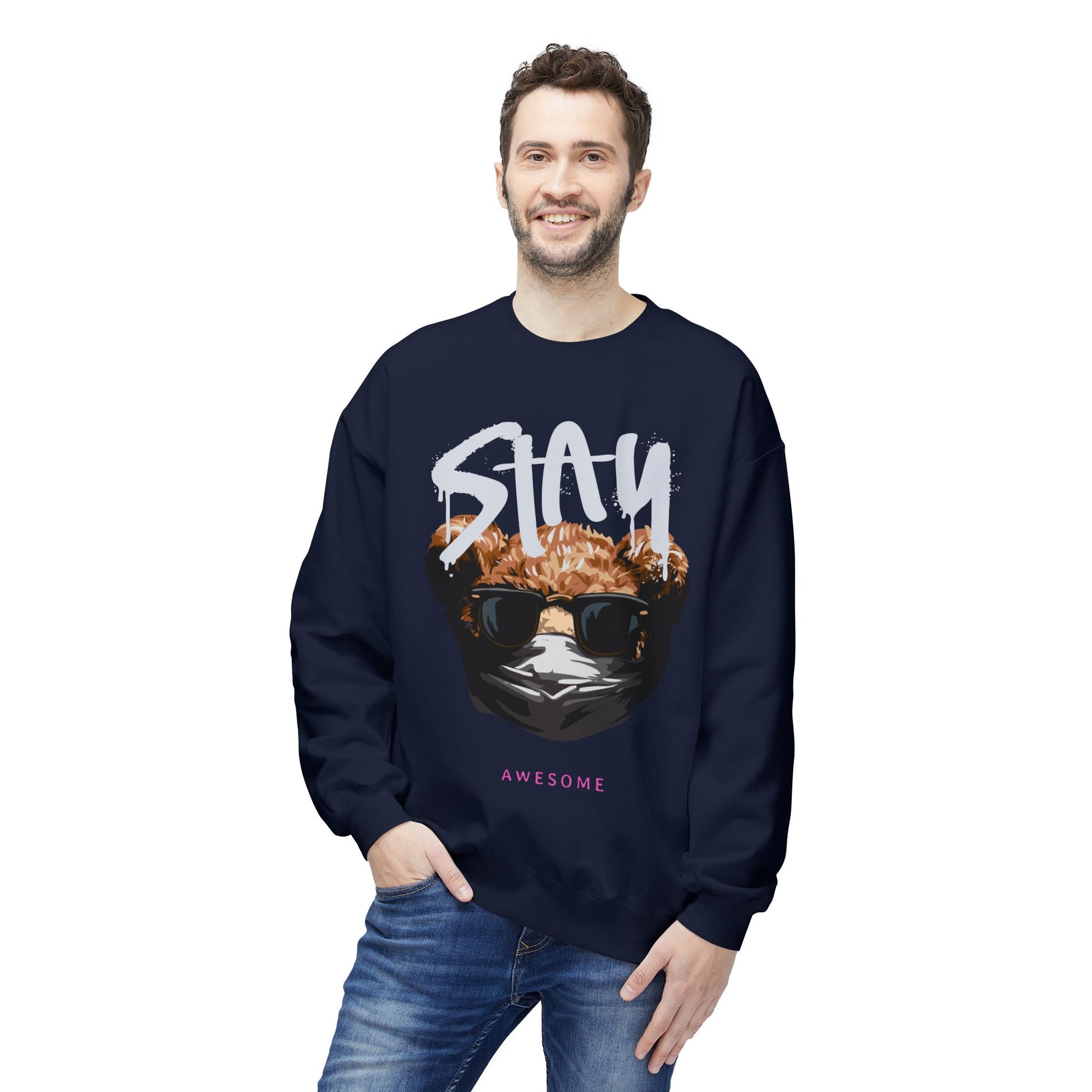 Stay Awesome Fleece Crewneck Sweatshirt for Cozy Vibes, Perfect Gift for Friends, Cute Casual Wear, Fun Retro Style, Ideal for Cold Days
