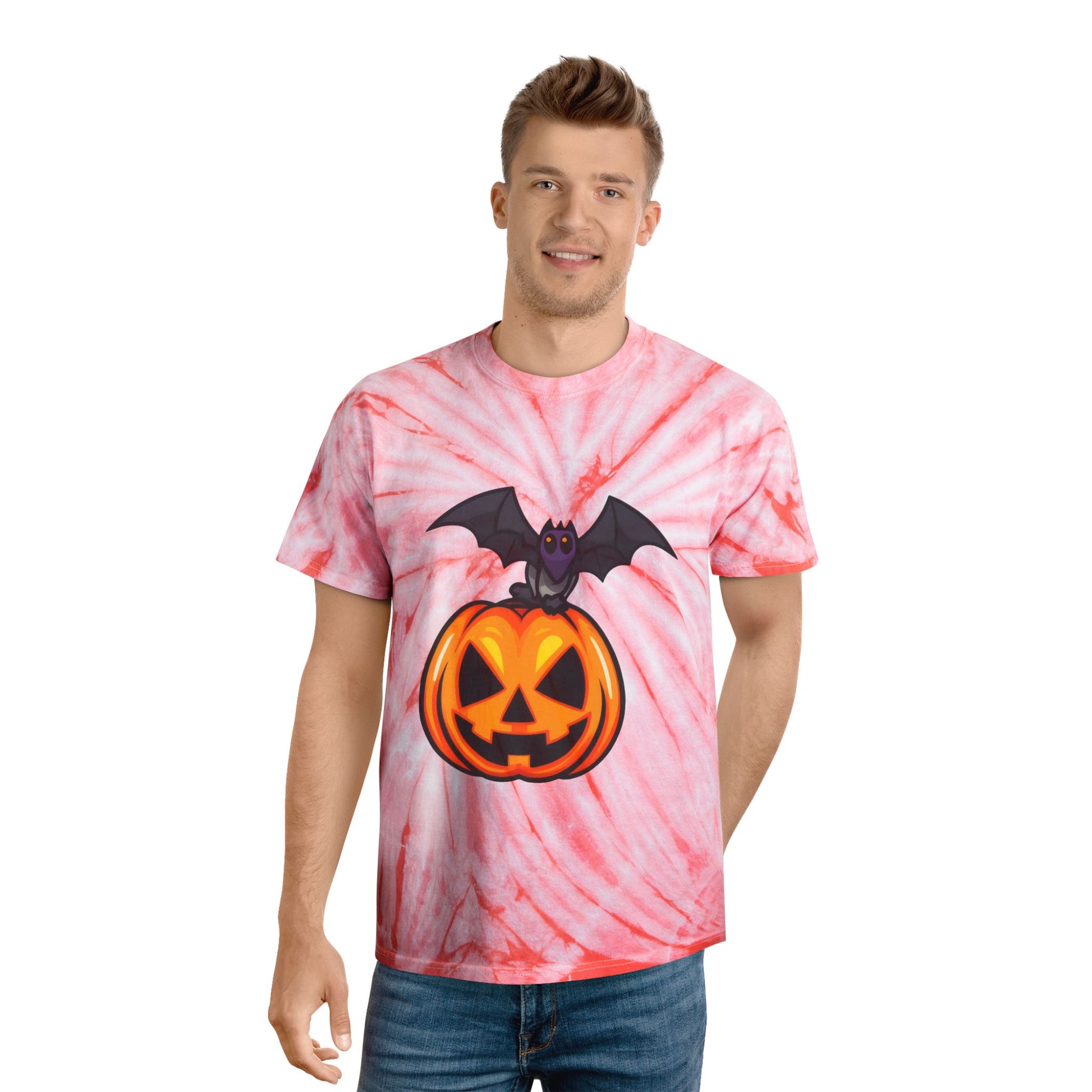 Halloween Tie-Dye Tee with Bat and Pumpkin, Fun Graphic T-Shirt for Fall, Spooky Season Apparel, Casual Wear, Unique Gift Idea - Cozy Kawaii LLC