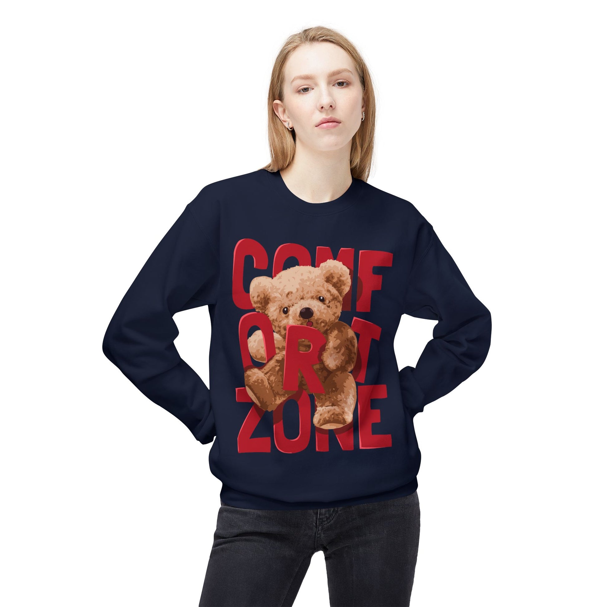Comfort Zone Teddy Bear Crewneck Sweatshirt, Cozy Black Sweatshirt, Unisex Gift, Cute Sweatshirt for Winter, Relaxation Apparel