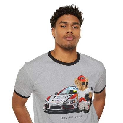 Racing Bear Unisex Cotton Ringer T-Shirt - Funny, Casual Wear, Gift for Car Lovers, Birthday Gift, Motorsport Apparel Heather Grey Black