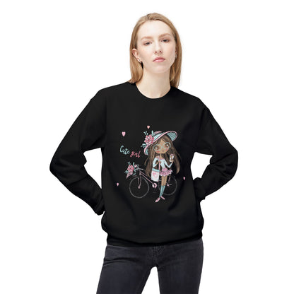 Cute Girl on Bicycle Sweatshirt, Cozy Fleece Crewneck, Spring Fashion, Gift for Her, Casual Sweatshirt, Cartoon Design