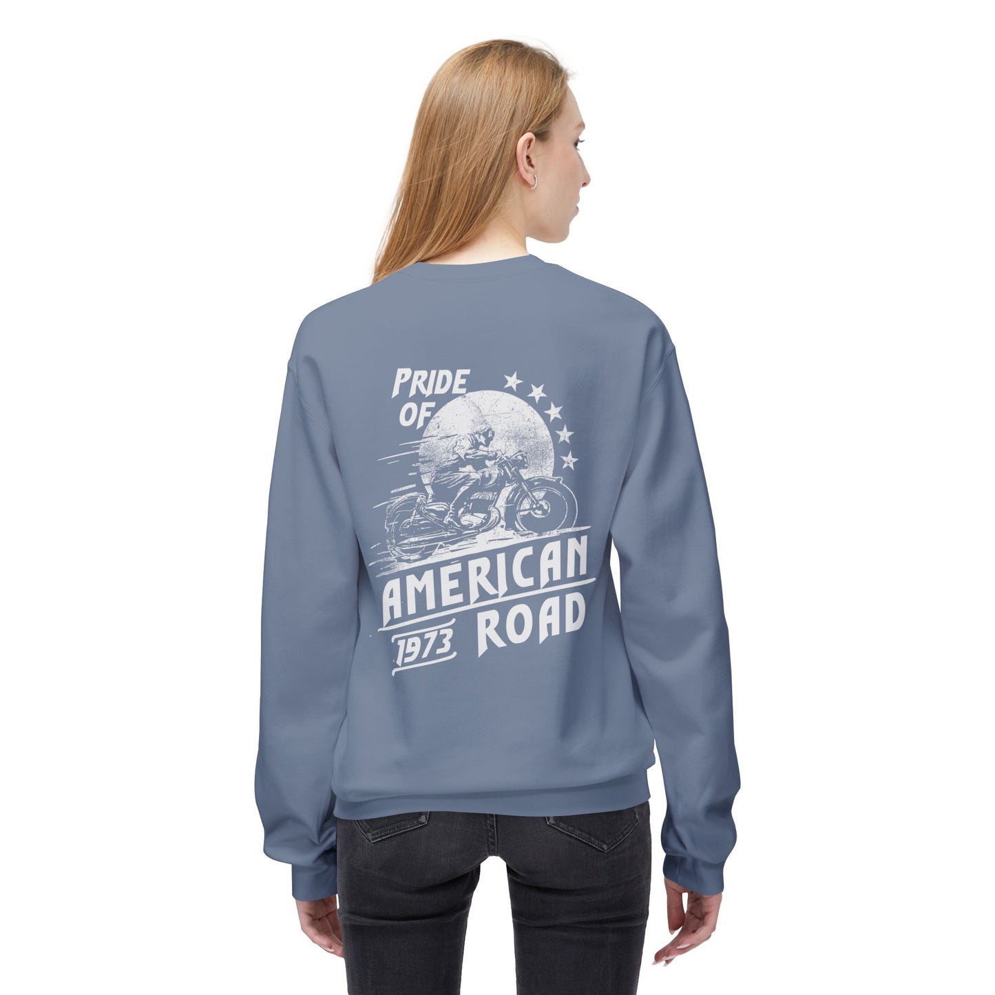 Pride of American Road Crewneck Sweatshirt, Cozy Unisex Fleece Top, Ideal Gift for Bikers, Road Trip Apparel, 1973 Vintage Style
