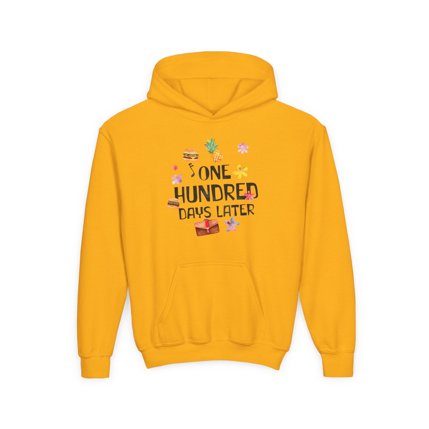 One Hundred Days Later Youth Hoodie, Fun Sweater for Kids, Cozy Gift for Birthdays, Celebrations, and Comfy Days Gold