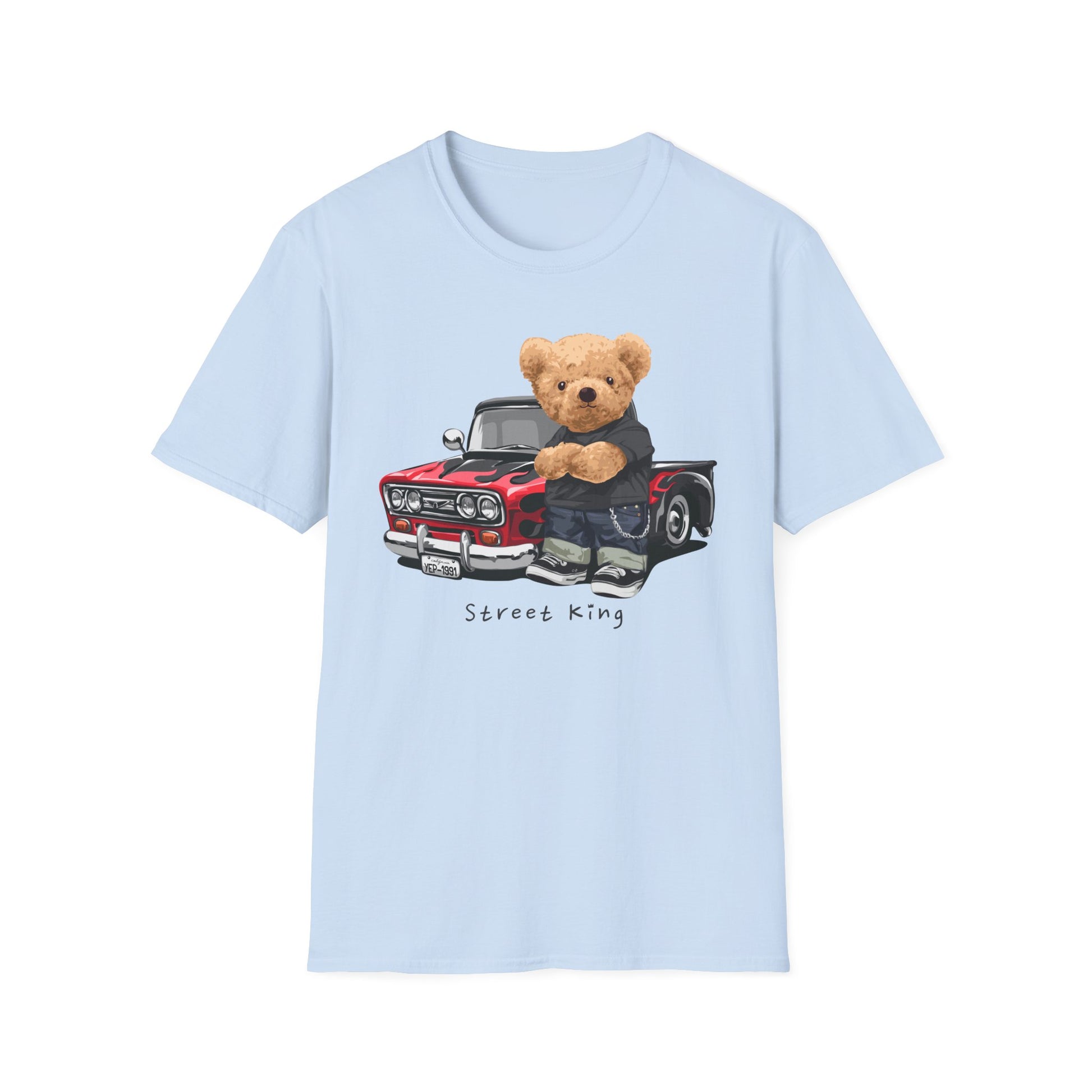 Street King Bear Unisex T-Shirt - Fun Vintage Style Tee, Casual Wear, Gift for Kids & Teens, Birthday Present, Streetwear Outfit Light Blue