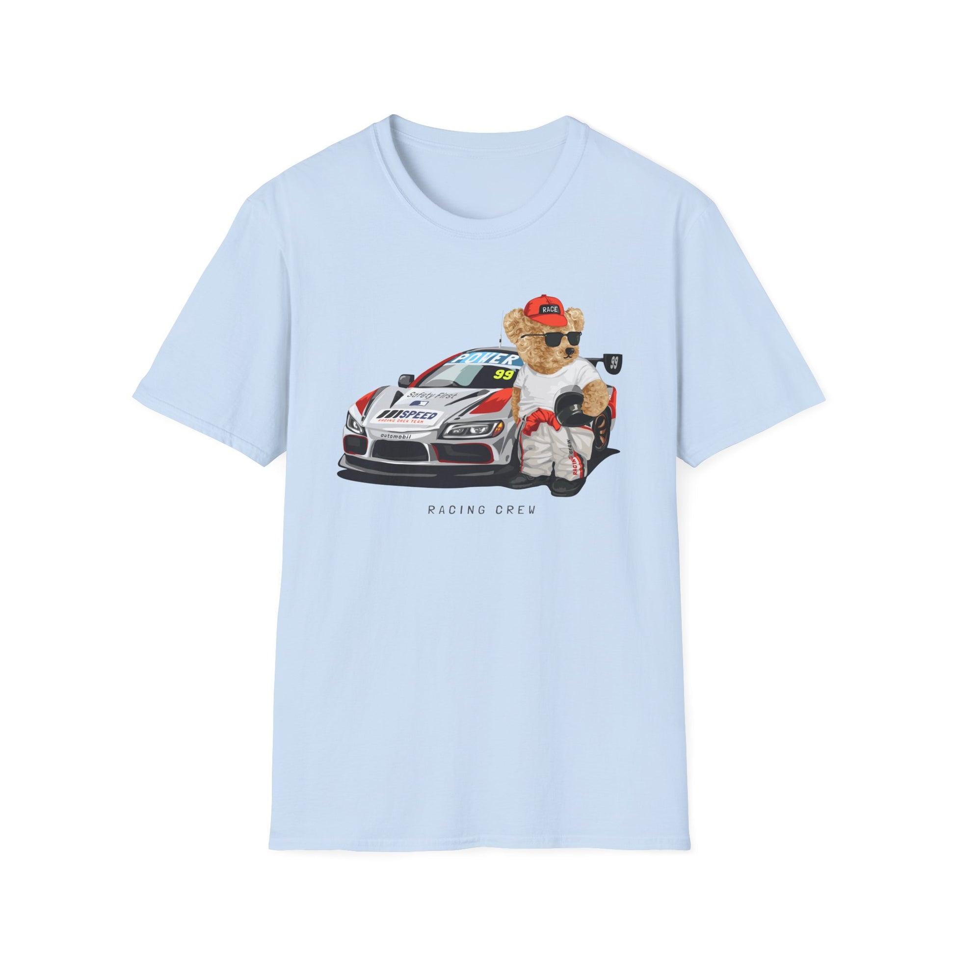 Racing Bear Unisex T-Shirt, Cute Animal Apparel, Car Lovers Gift, Fun Racing Shirt, Gift for Him/Her Light Blue